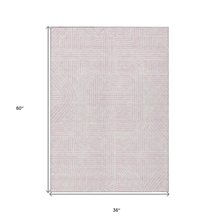 3' X 5' Pink And Ivory Abstract Washable Indoor Outdoor Area Rug