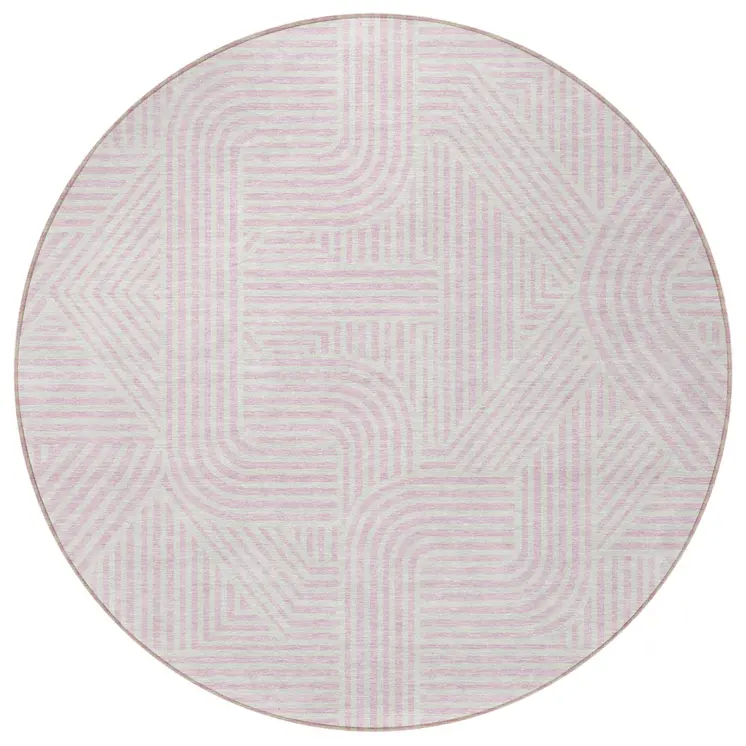 8' Pink And Ivory Round Abstract Washable Indoor Outdoor Area Rug