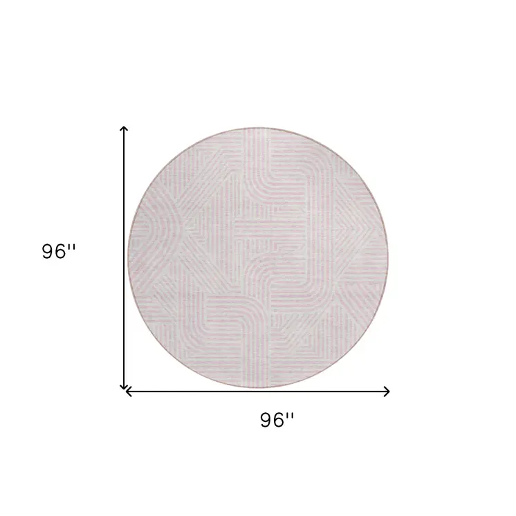 8' Pink And Ivory Round Abstract Washable Indoor Outdoor Area Rug