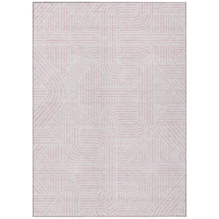 9' X 12' Pink And Ivory Abstract Washable Indoor Outdoor Area Rug