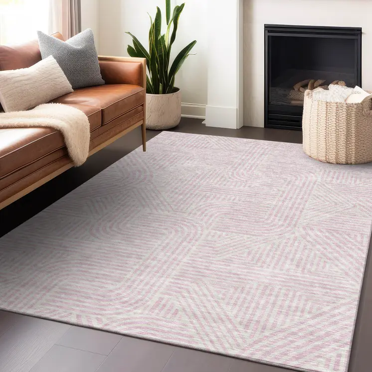 9' X 12' Pink And Ivory Abstract Washable Indoor Outdoor Area Rug