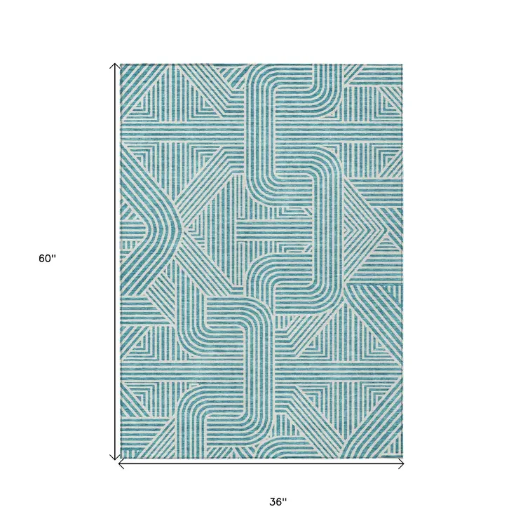 3' X 5' Teal Blue And Ivory Abstract Washable Indoor Outdoor Area Rug