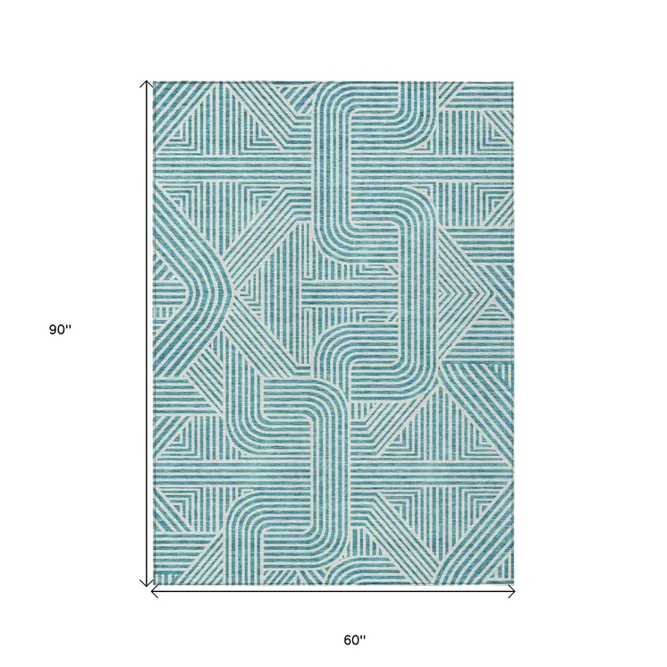 5' X 8' Teal Blue And Ivory Abstract Washable Indoor Outdoor Area Rug