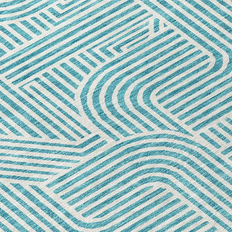 8' Teal Blue And Ivory Round Abstract Washable Indoor Outdoor Area Rug
