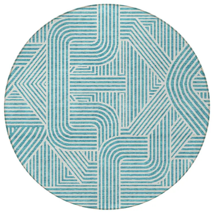 8' Teal Blue And Ivory Round Abstract Washable Indoor Outdoor Area Rug