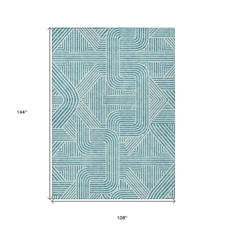 9' X 12' Teal Blue And Ivory Abstract Washable Indoor Outdoor Area Rug