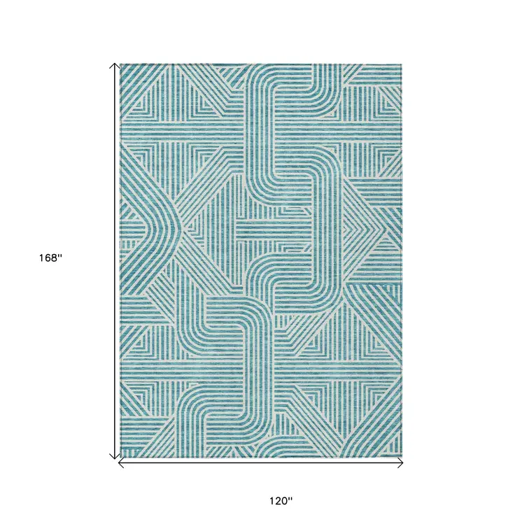 10' X 14' Teal Blue And Ivory Abstract Washable Indoor Outdoor Area Rug