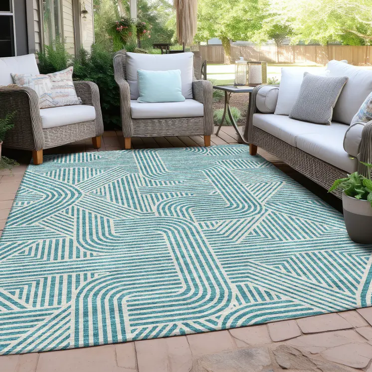10' X 14' Teal Blue And Ivory Abstract Washable Indoor Outdoor Area Rug