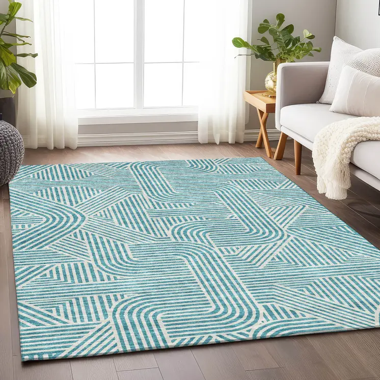 10' X 14' Teal Blue And Ivory Abstract Washable Indoor Outdoor Area Rug