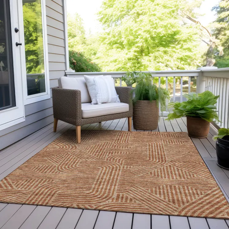 5' X 8' Terra Cotta And Brown Abstract Washable Indoor Outdoor Area Rug