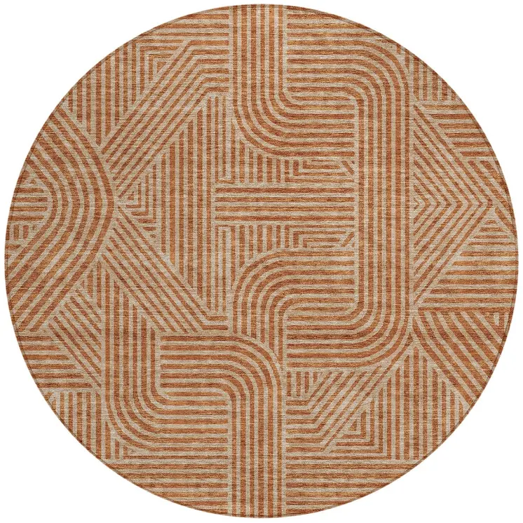 8' Terra Cotta And Brown Round Abstract Washable Indoor Outdoor Area Rug