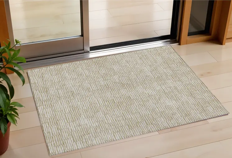 3' X 5' Beige And Ivory Geometric Washable Indoor Outdoor Area Rug