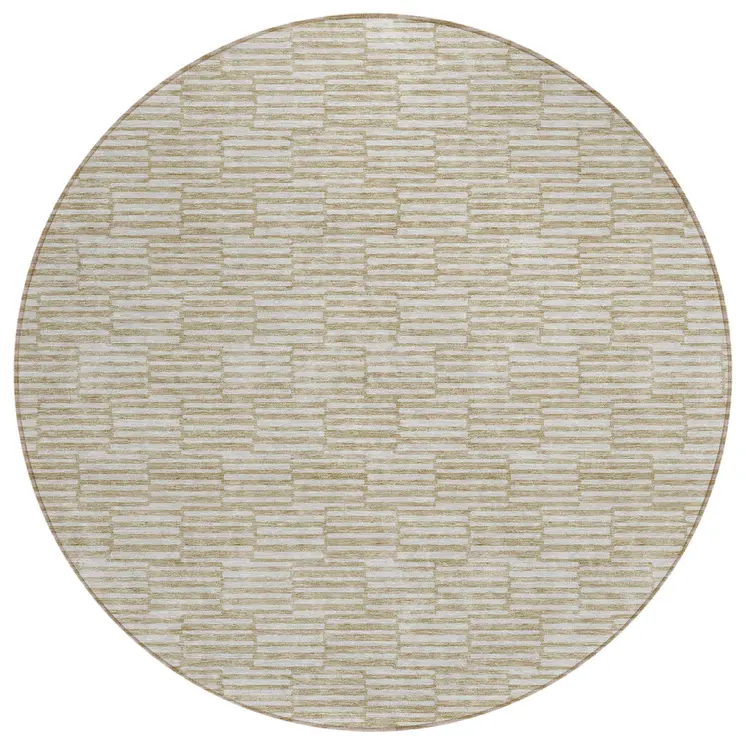 8' Beige And Ivory Round Geometric Washable Indoor Outdoor Area Rug