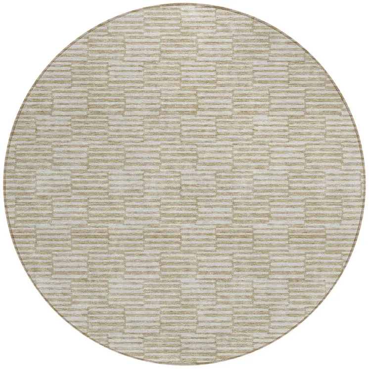 8' Beige And Ivory Round Geometric Washable Indoor Outdoor Area Rug