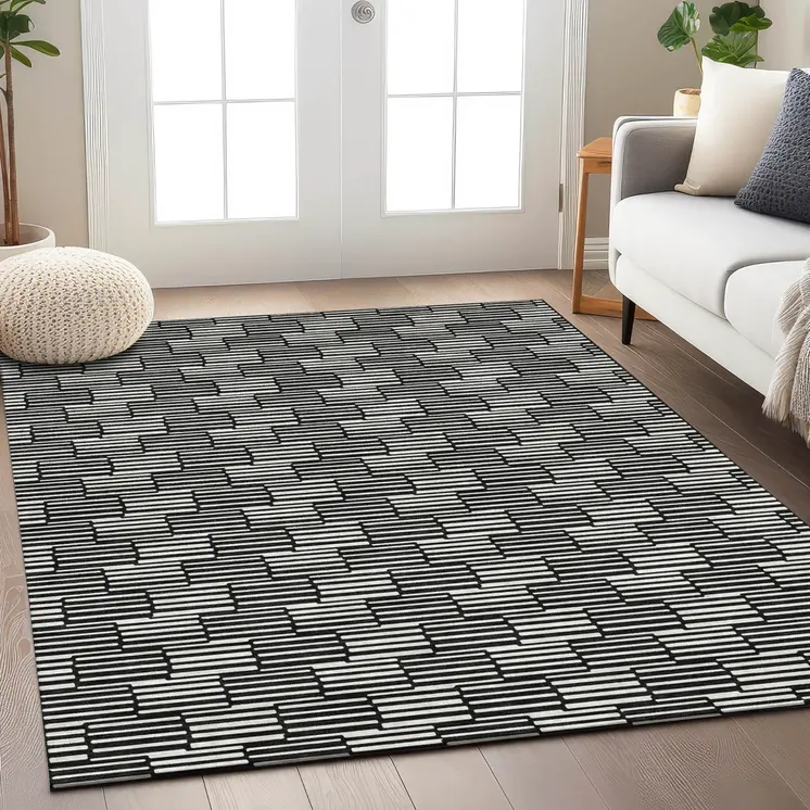 3' X 5' Black And Ivory Geometric Washable Indoor Outdoor Area Rug