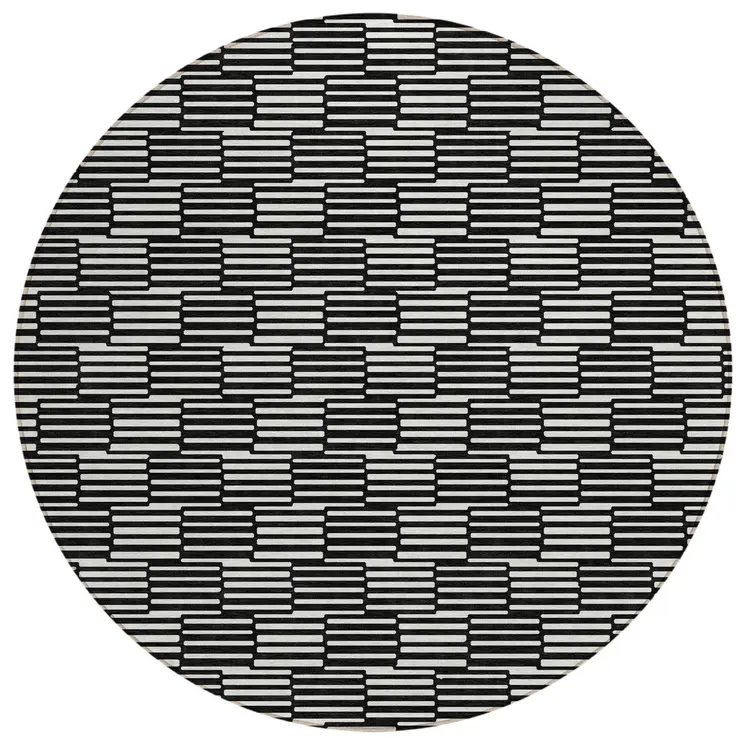 8' Black And Ivory Round Geometric Washable Indoor Outdoor Area Rug