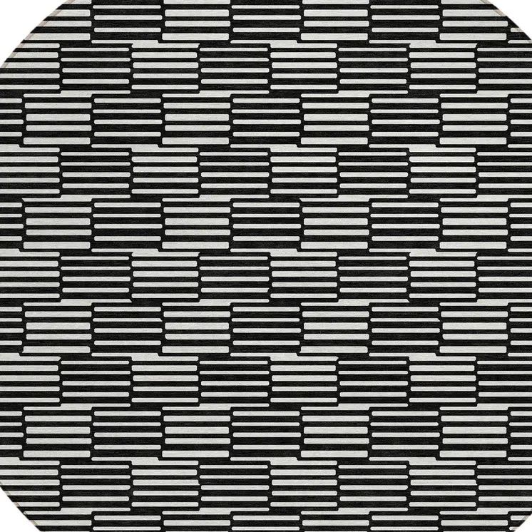 8' Black And Ivory Round Geometric Washable Indoor Outdoor Area Rug