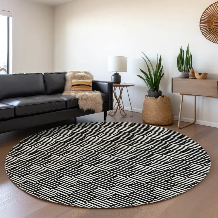 8' Black And Ivory Round Geometric Washable Indoor Outdoor Area Rug