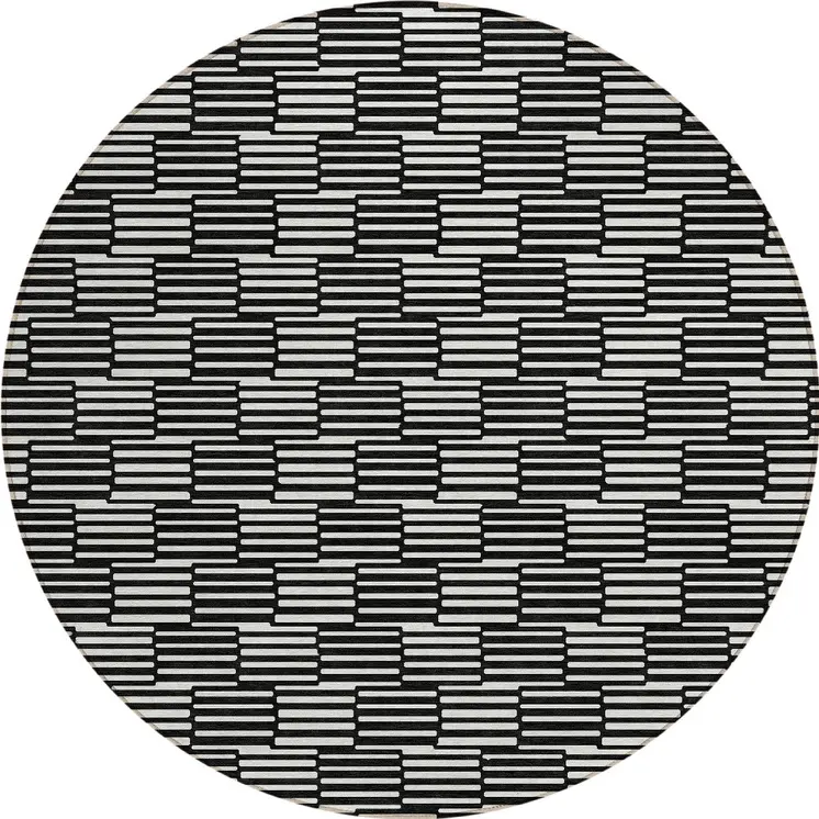 8' Black And Ivory Round Geometric Washable Indoor Outdoor Area Rug