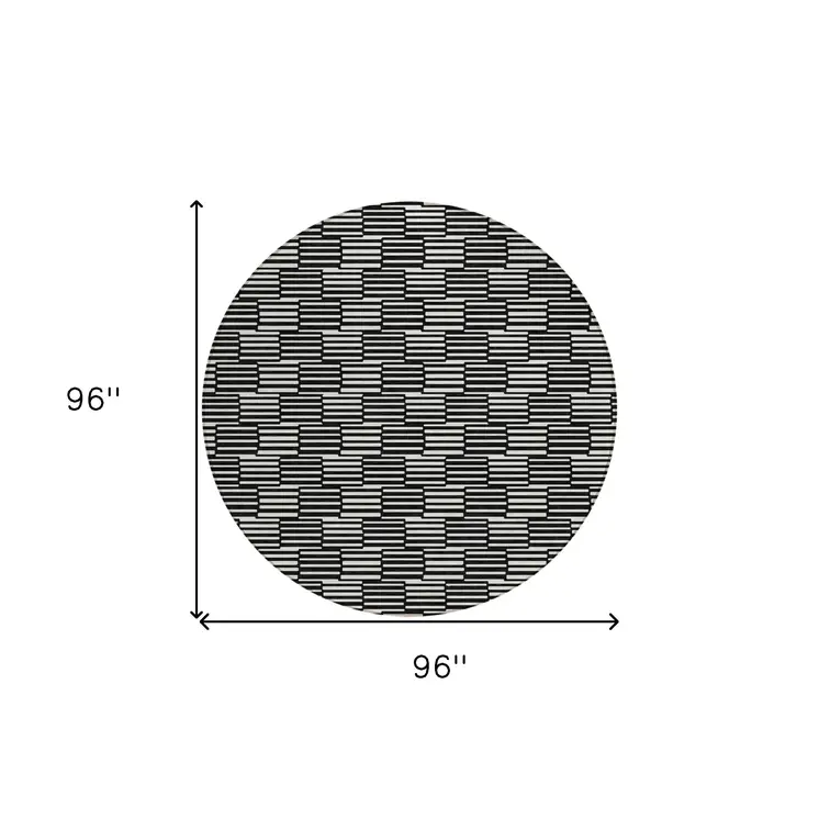 8' Black And Ivory Round Geometric Washable Indoor Outdoor Area Rug