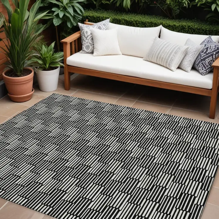 10' X 14' Black And Ivory Geometric Washable Indoor Outdoor Area Rug