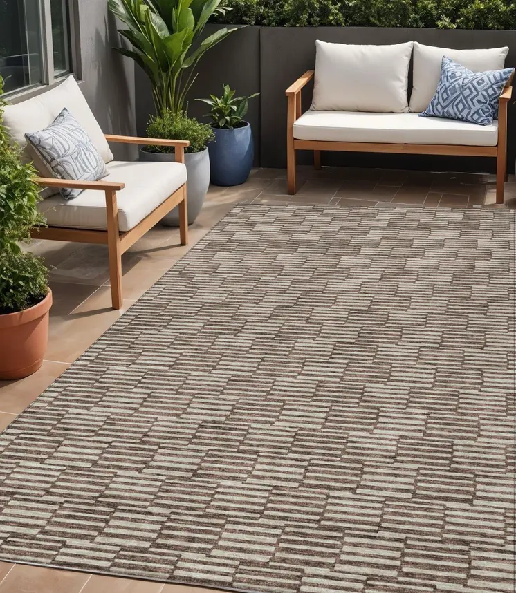 5' X 8' Brown And Beige Geometric Washable Indoor Outdoor Area Rug