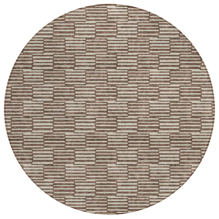 8' Brown And Beige Round Geometric Washable Indoor Outdoor Area Rug