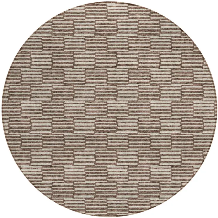 8' Brown And Beige Round Geometric Washable Indoor Outdoor Area Rug