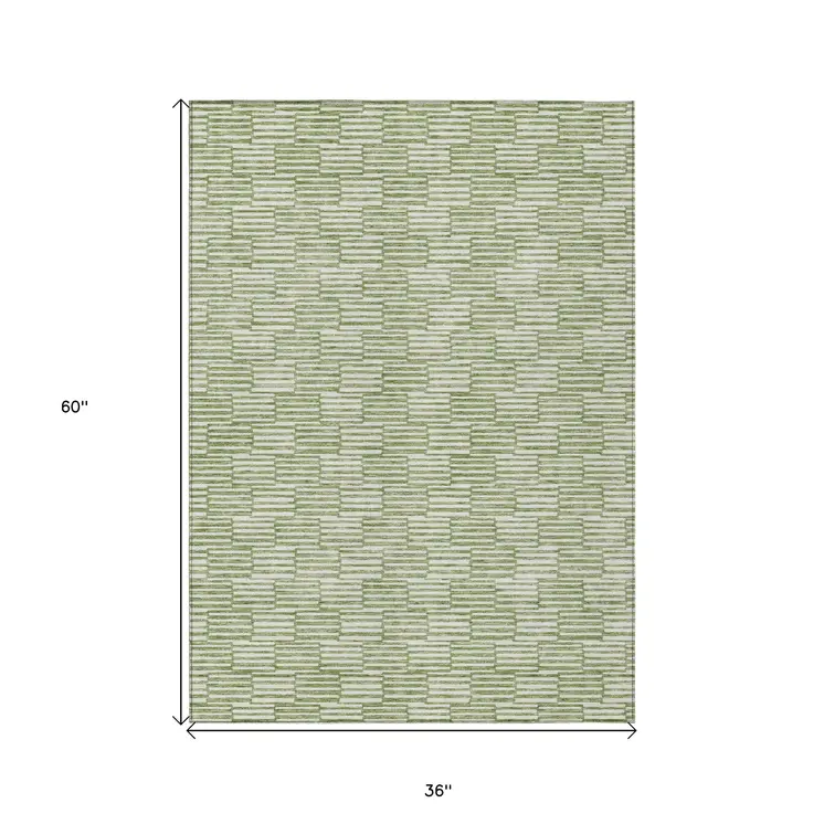 3' X 5' Green And Ivory Geometric Washable Indoor Outdoor Area Rug