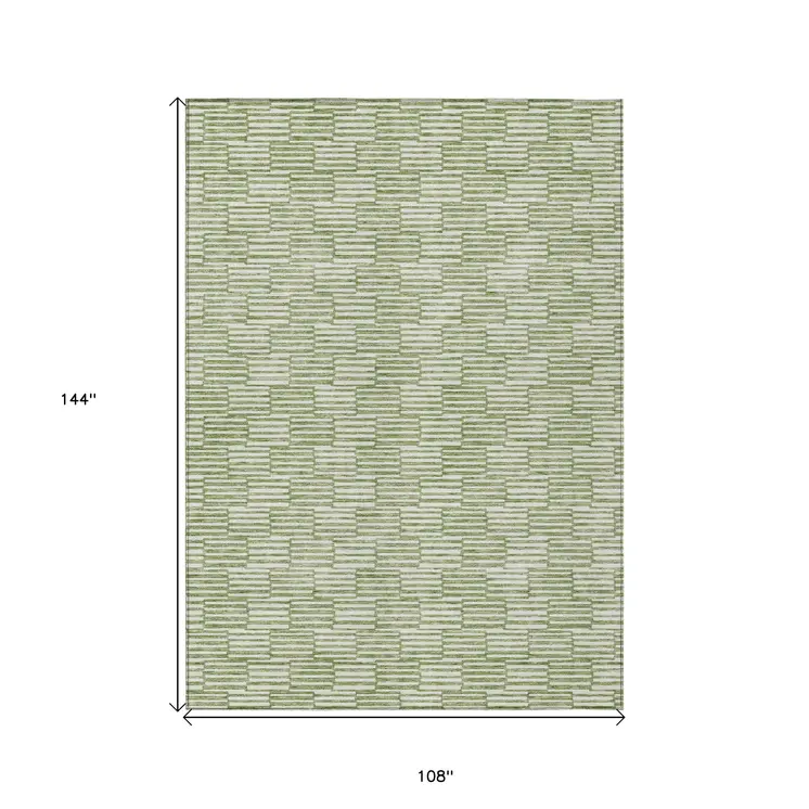 9' X 12' Green And Ivory Geometric Washable Indoor Outdoor Area Rug