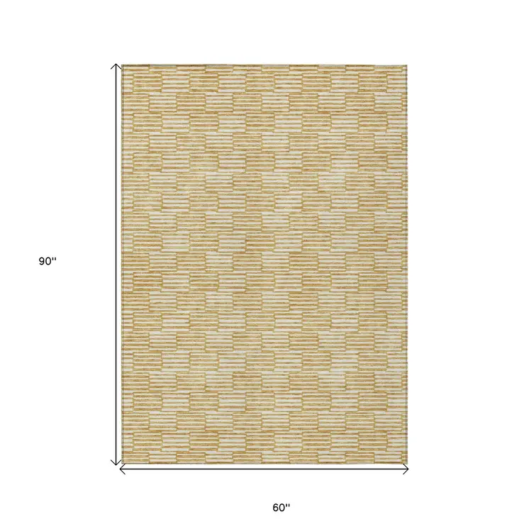 5' X 8' Gold And Beige Geometric Washable Indoor Outdoor Area Rug