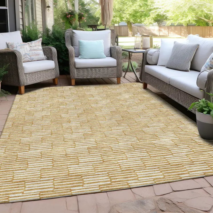 8' X 10' Gold And Beige Geometric Washable Indoor Outdoor Area Rug
