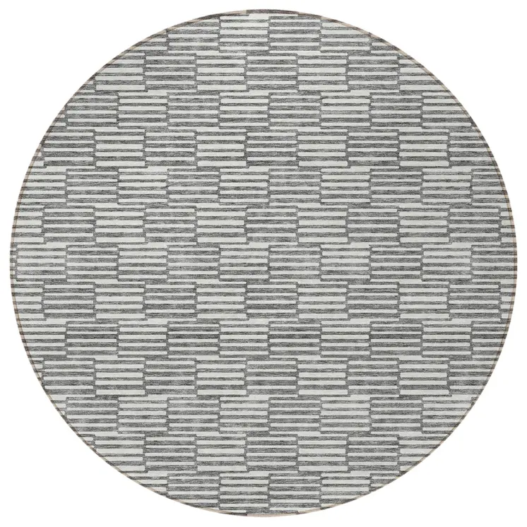 8' Gray And Ivory Round Geometric Washable Indoor Outdoor Area Rug