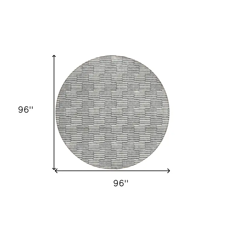 8' Gray And Ivory Round Geometric Washable Indoor Outdoor Area Rug
