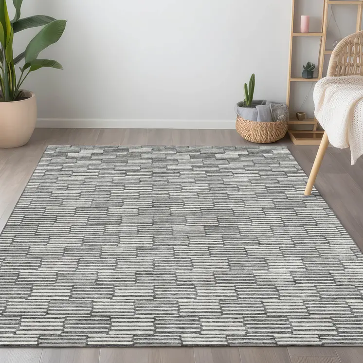 9' X 12' Gray And Ivory Geometric Washable Indoor Outdoor Area Rug