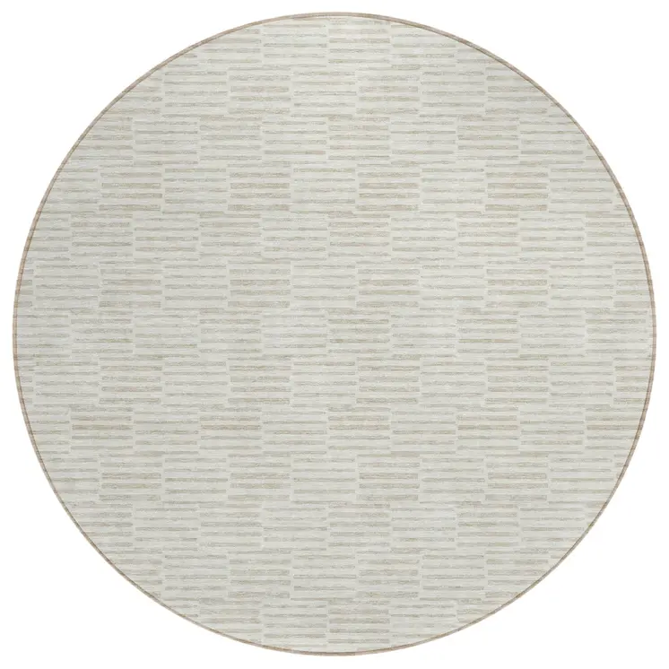 8' Ivory And Beige Round Geometric Washable Indoor Outdoor Area Rug