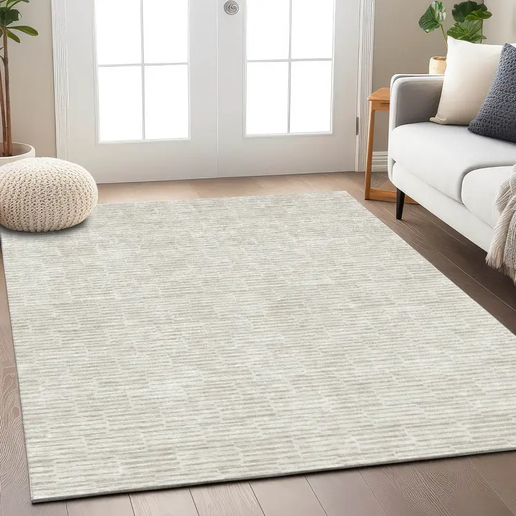 8' X 10' Ivory And Beige Geometric Washable Indoor Outdoor Area Rug