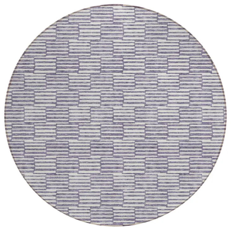 8' Lilac And Ivory Round Geometric Washable Indoor Outdoor Area Rug