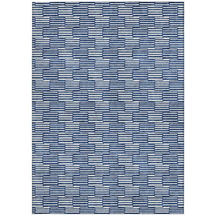 5' X 8' Navy Blue And Ivory Geometric Washable Indoor Outdoor Area Rug