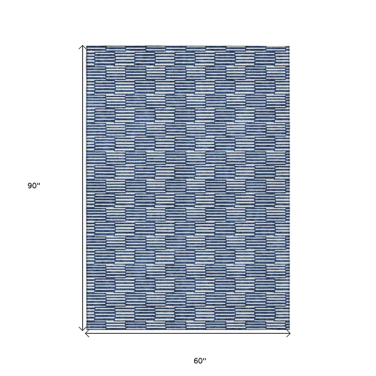5' X 8' Navy Blue And Ivory Geometric Washable Indoor Outdoor Area Rug