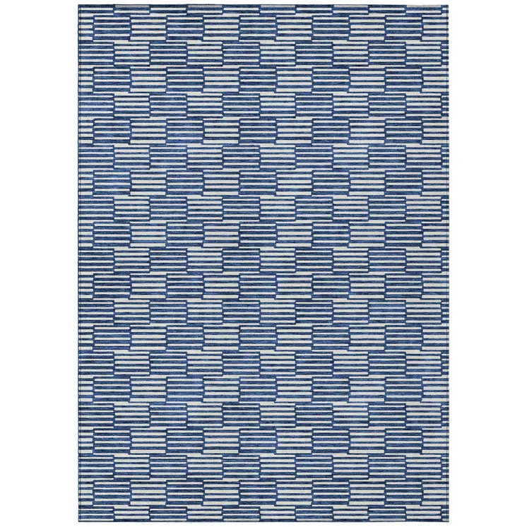 5' X 8' Navy Blue And Ivory Geometric Washable Indoor Outdoor Area Rug
