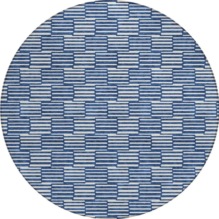 8' Navy Blue And Ivory Round Geometric Washable Indoor Outdoor Area Rug