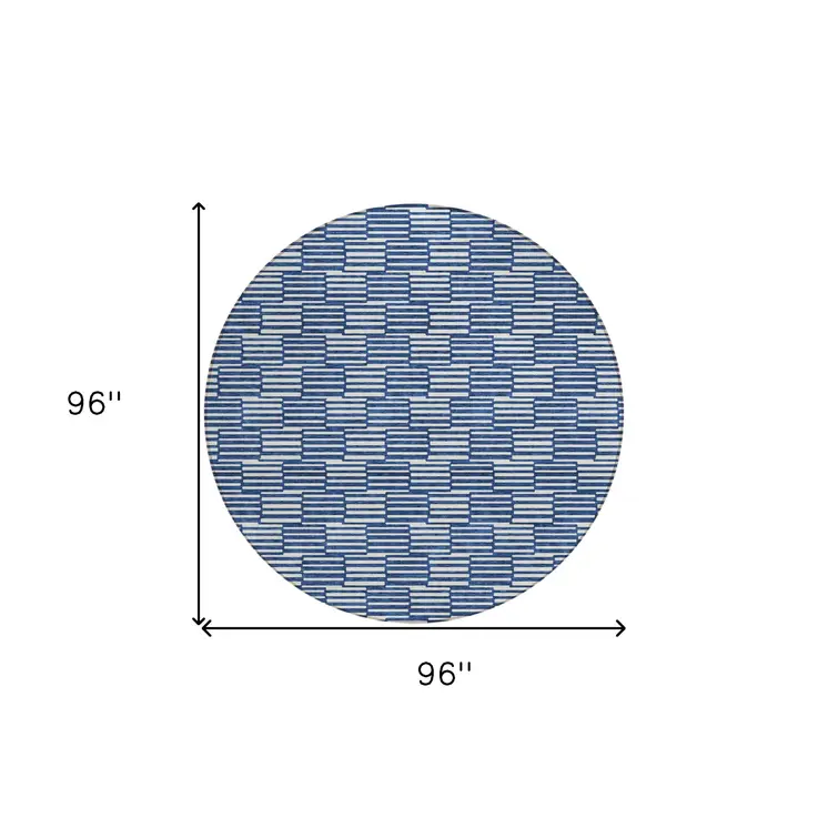 8' Navy Blue And Ivory Round Geometric Washable Indoor Outdoor Area Rug