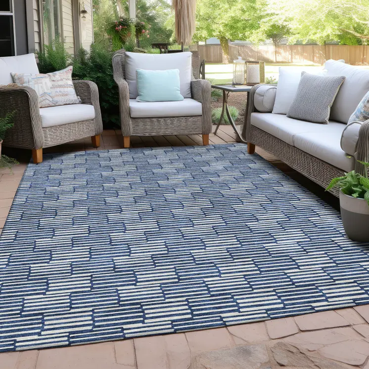 8' X 10' Navy Blue And Ivory Geometric Washable Indoor Outdoor Area Rug