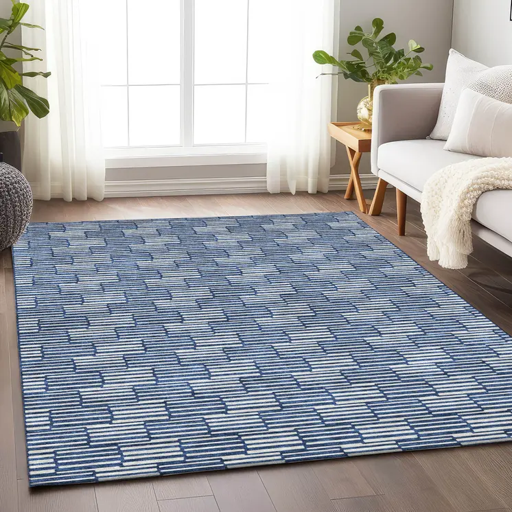 8' X 10' Navy Blue And Ivory Geometric Washable Indoor Outdoor Area Rug