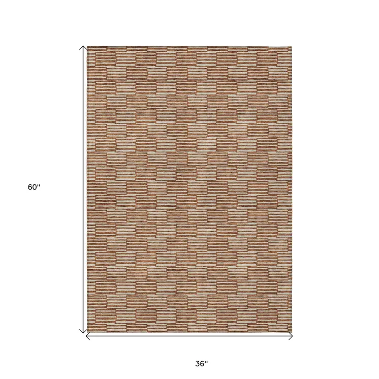 3' X 5' Copper And Beige Geometric Washable Indoor Outdoor Area Rug