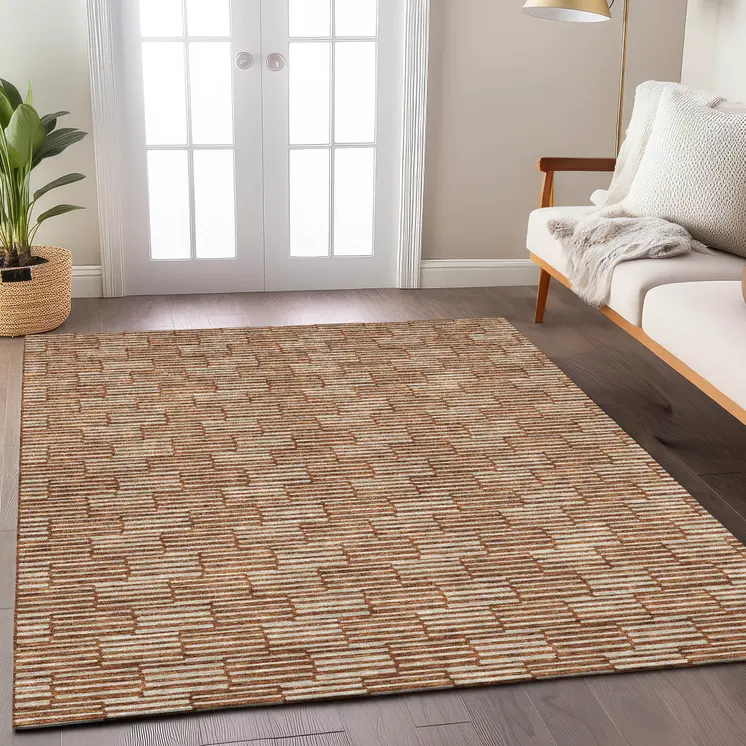 5' X 8' Copper And Beige Geometric Washable Indoor Outdoor Area Rug