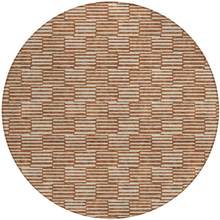 8' Copper And Beige Round Geometric Washable Indoor Outdoor Area Rug