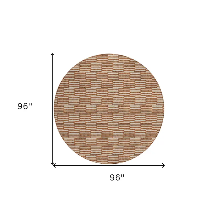 8' Copper And Beige Round Geometric Washable Indoor Outdoor Area Rug