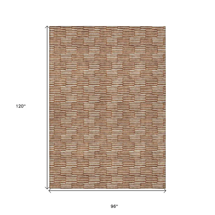 8' X 10' Copper And Beige Geometric Washable Indoor Outdoor Area Rug